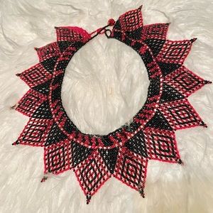 Red and black woven beaded statement necklace